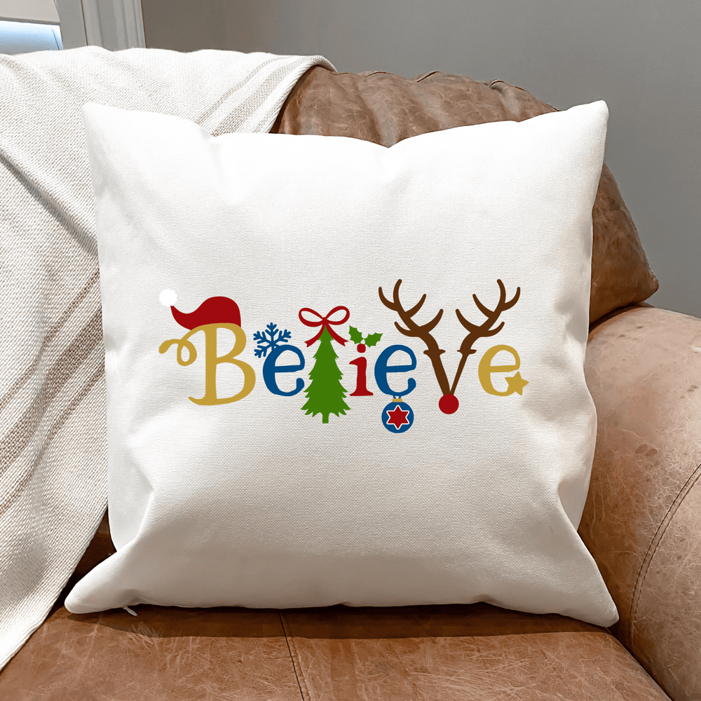 White Cute Printed Believe Fabric Pillow Cover