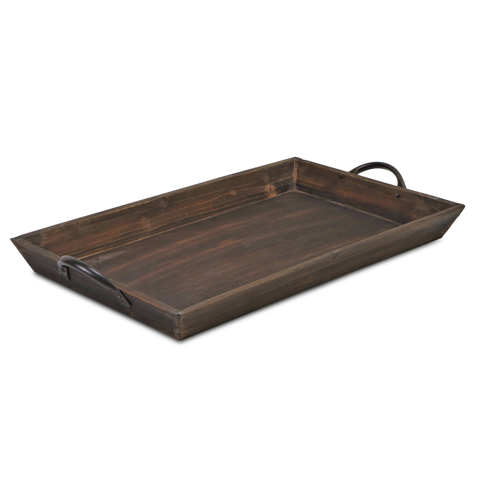 Brown Finish Wooden Rustic Tray Adorned Metal Handles
