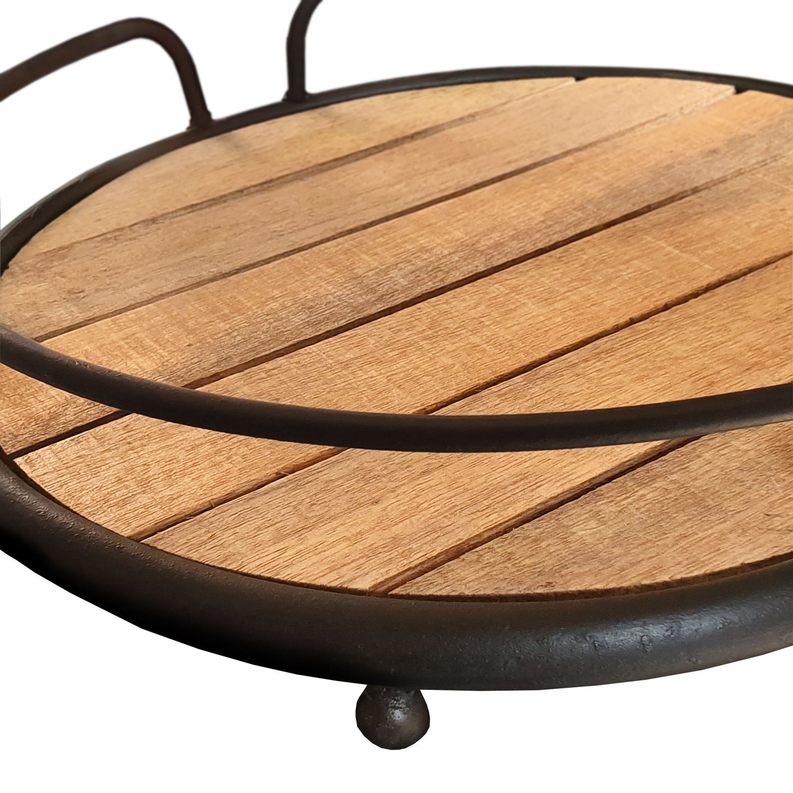 Black Round Tubular Metal Frame Tray with Plank Style Wooden Base
