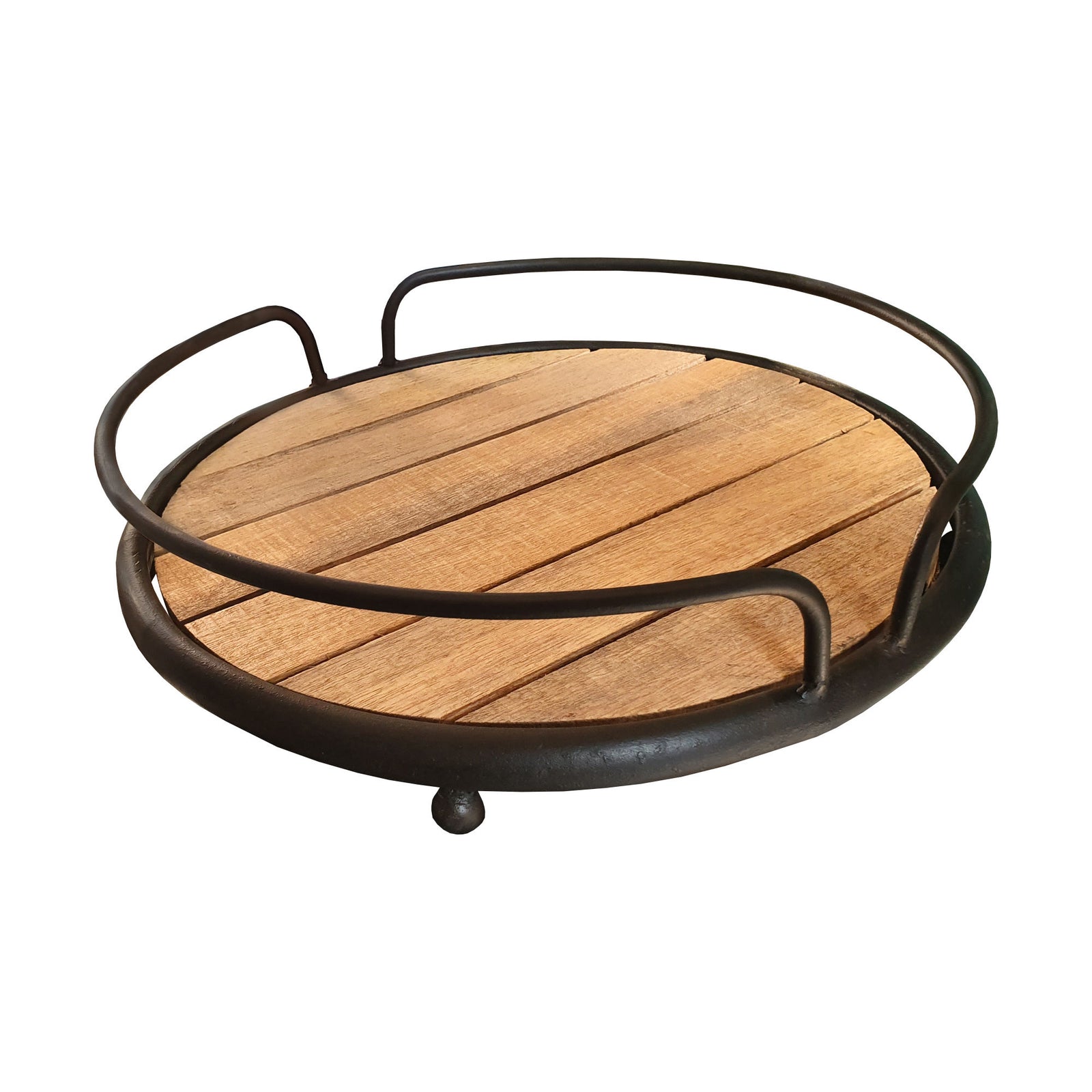 Black Round Tubular Metal Frame Tray with Plank Style Wooden Base