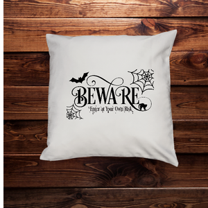 White Beware Pillow Cover for Halloween Decor