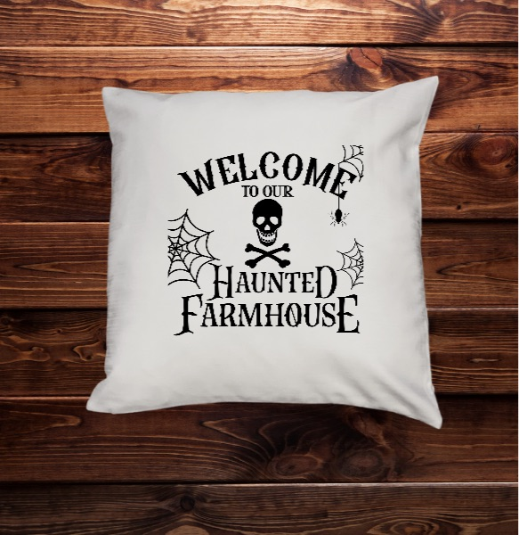 White Haunted Farmhouse Pillow Cover for Halloween Decor