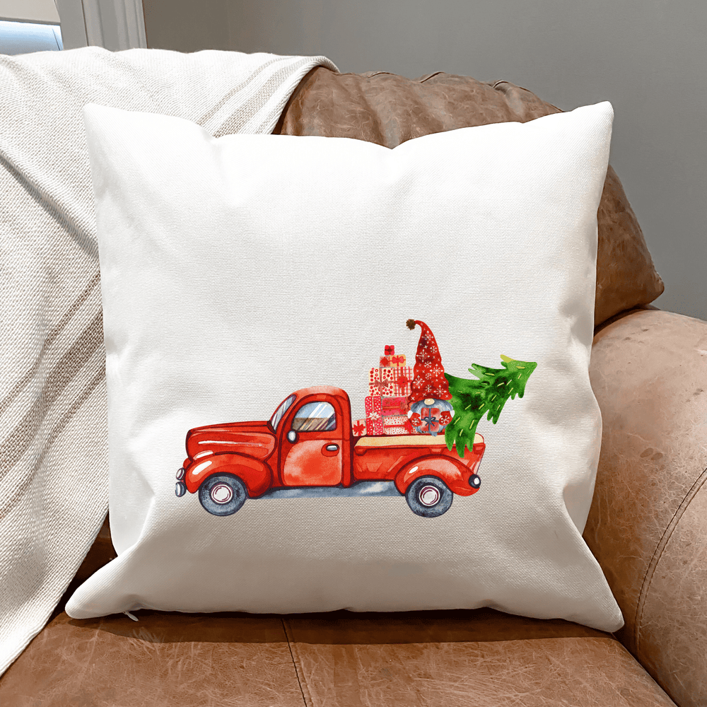 White 1-Gnome, A Red Truck & A Tree Cute Festive Pillow Cover