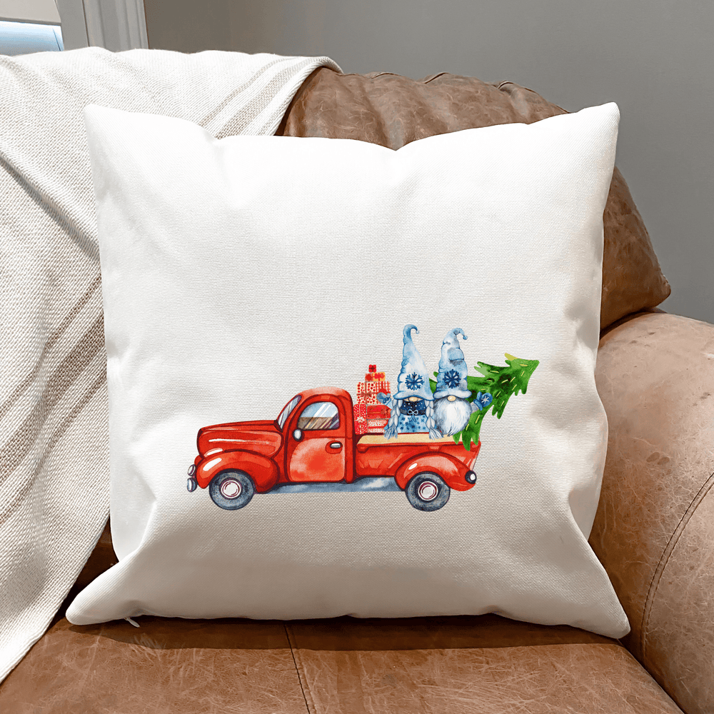White 2-Gnomes A Red Truck & A Tree Fabric Pillow Cover for Christmas Decor