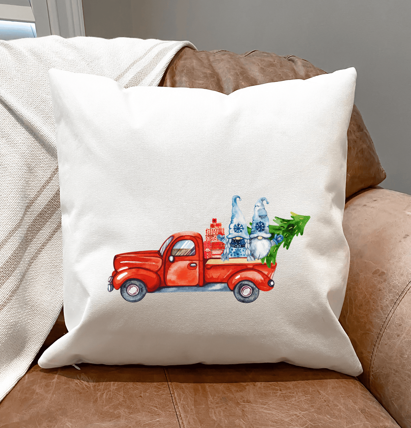 White 2-Gnomes A Red Truck & A Tree Fabric Pillow Cover for Christmas Decor