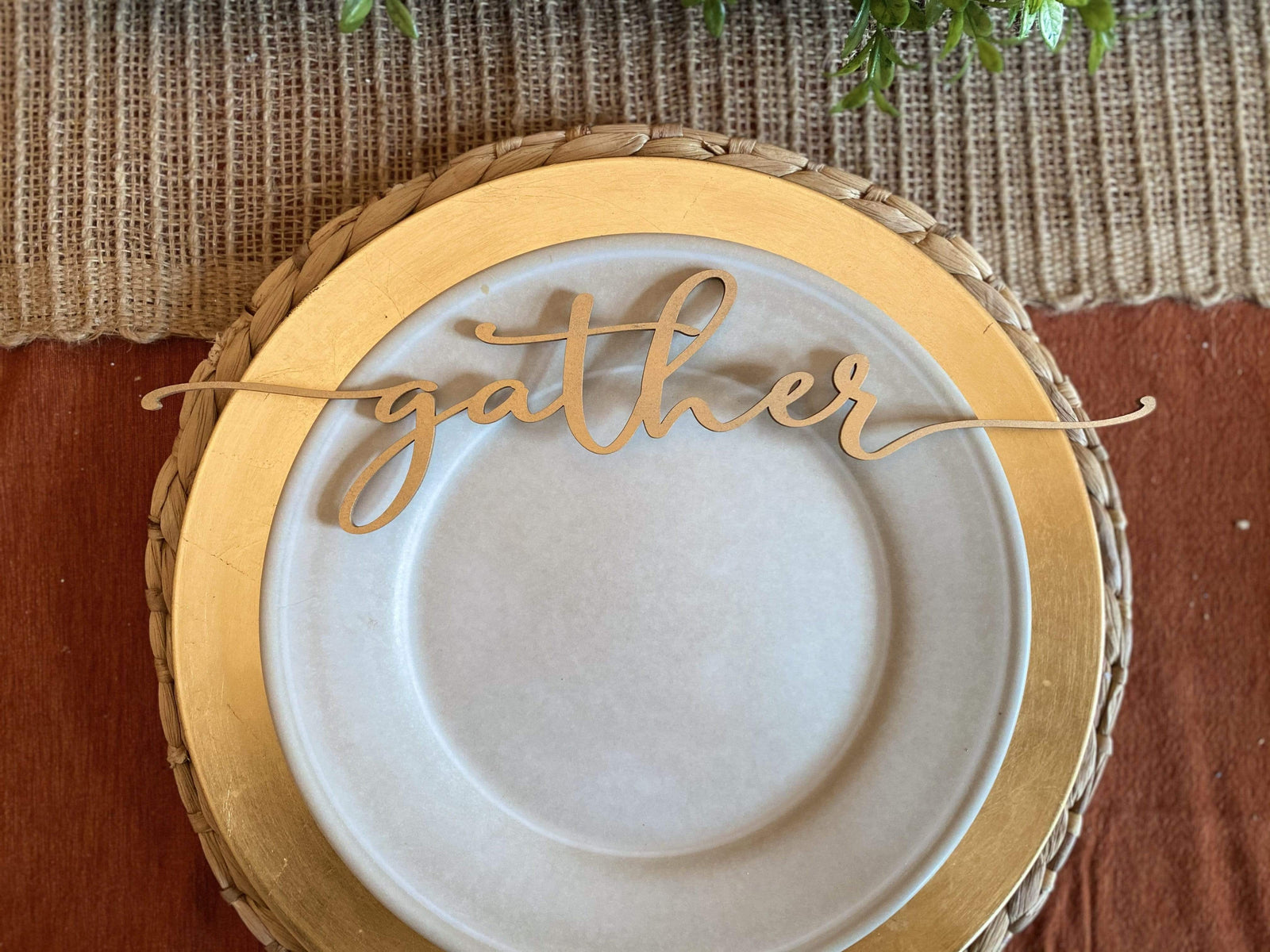 Gold Metallic Thanksgiving Plate Decor with Miniature Emblems