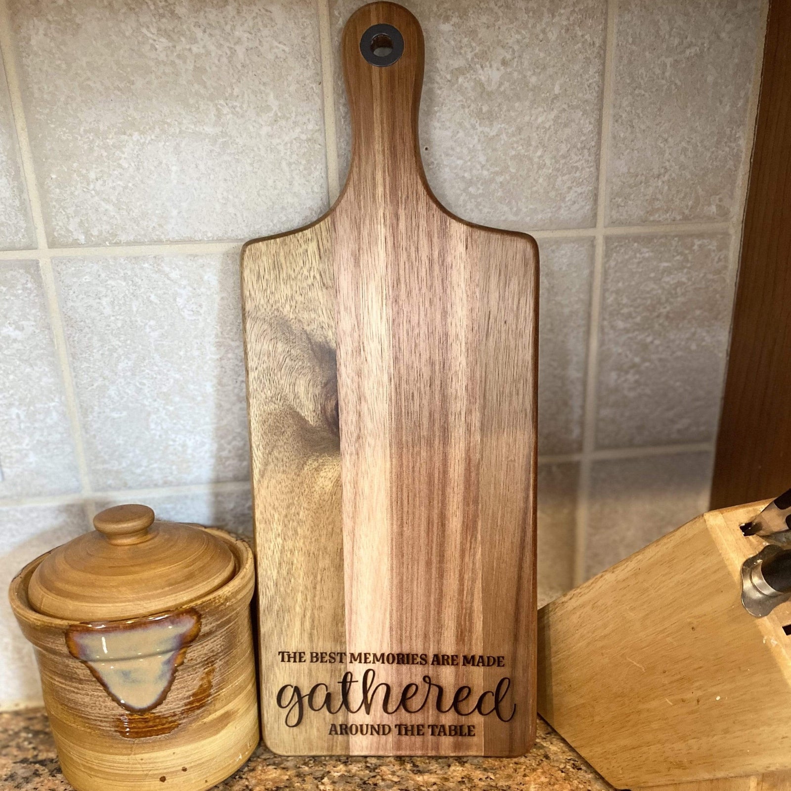 Natural Teak Wood Gathered Around the Table' Cutting Board Ideal for Housewarming or Wedding Gifts