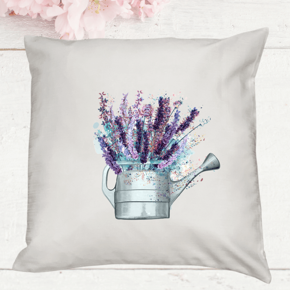 White Lavender Watering Can Pillow Cover for Spring Decor